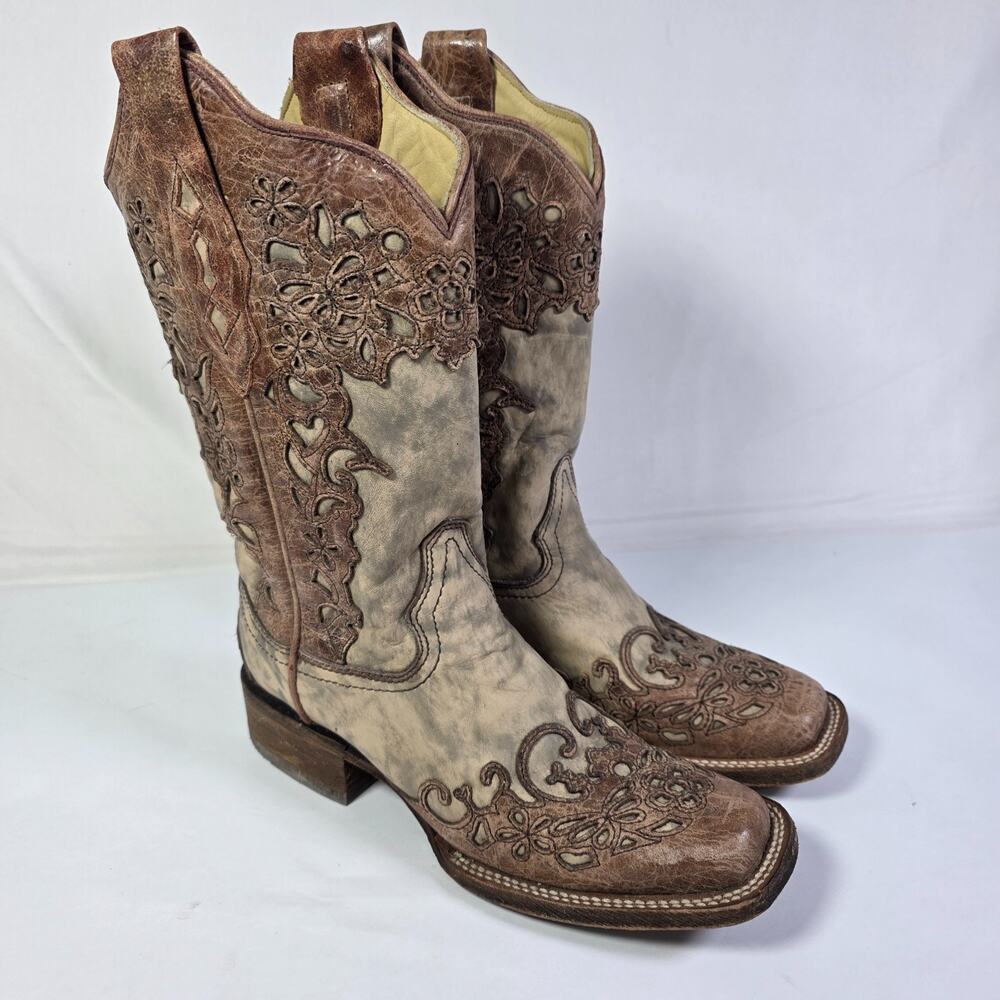 Corral Western Boots Women’s Sz 8.5 A2870 Sand Cognac Laser Cut Inlay Leather